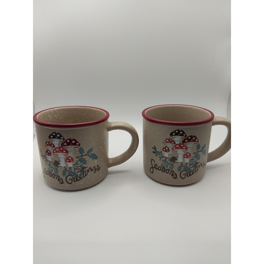 St. Nicholas Square Mushrooms Season's Greetings Coffee Mugs Christmas Set/2 NWT